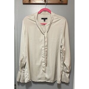 Banana Republic Tan  Long Sleeve Tie Neck Pleated Cuff  Blouse Women's XL